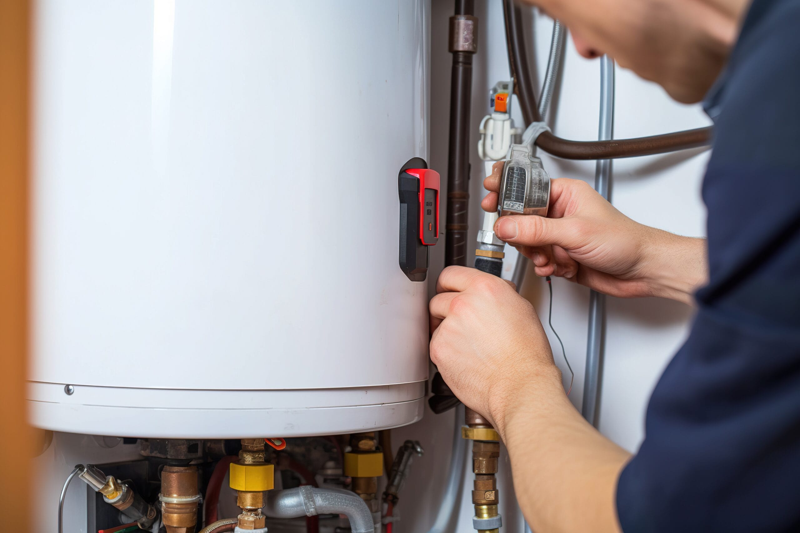 Hydraulic mechanic installer repairs an electric water heater Technician repairing a water heater system